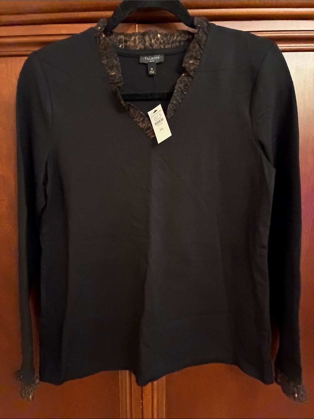 Talbots Black Long Sleeve V-Neck Top with Leopard-Print Trim